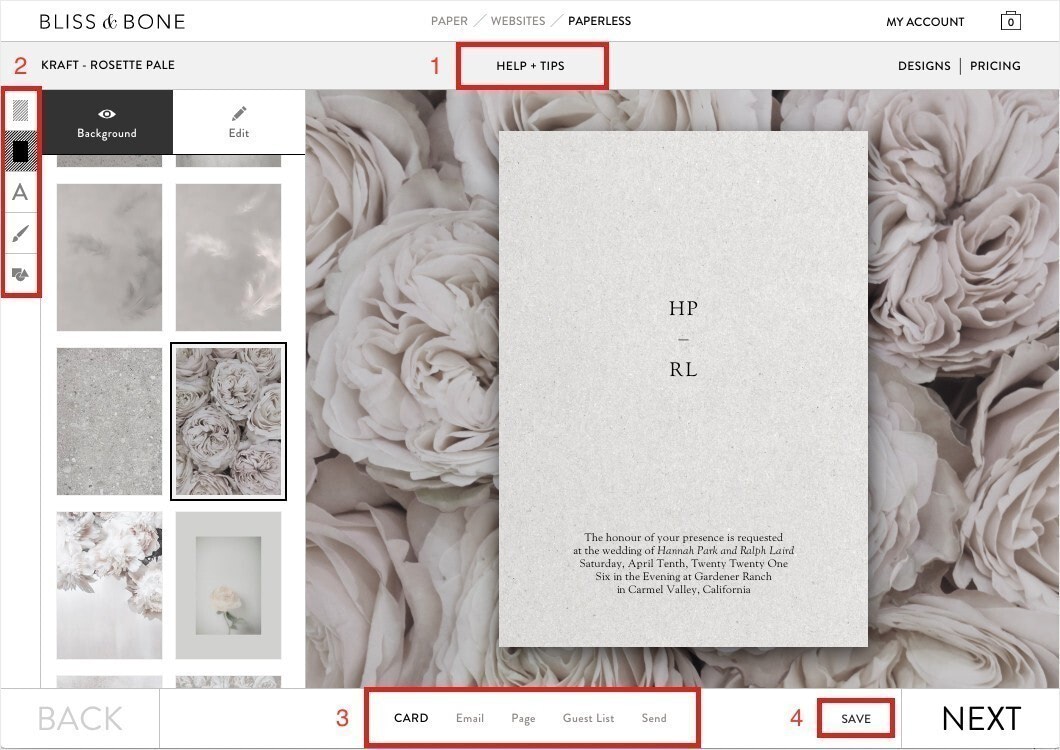 An online invitation builder showing the various steps to create a blush pink floral wedding invitation