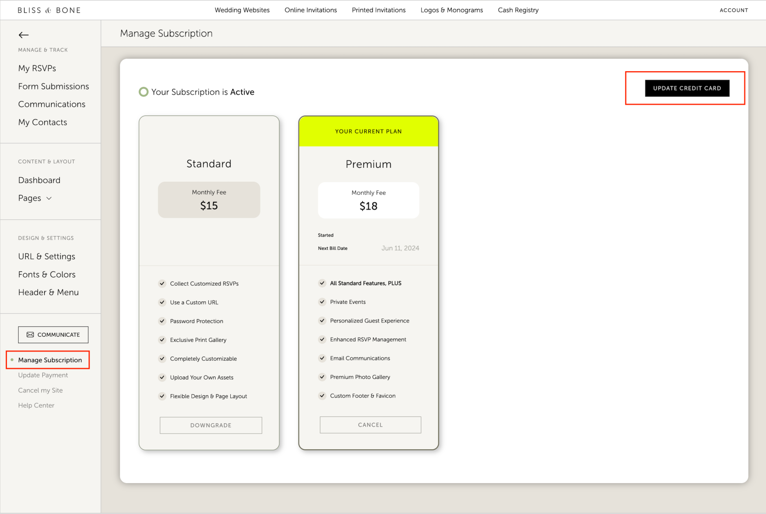 Update your wedding website subscription payment