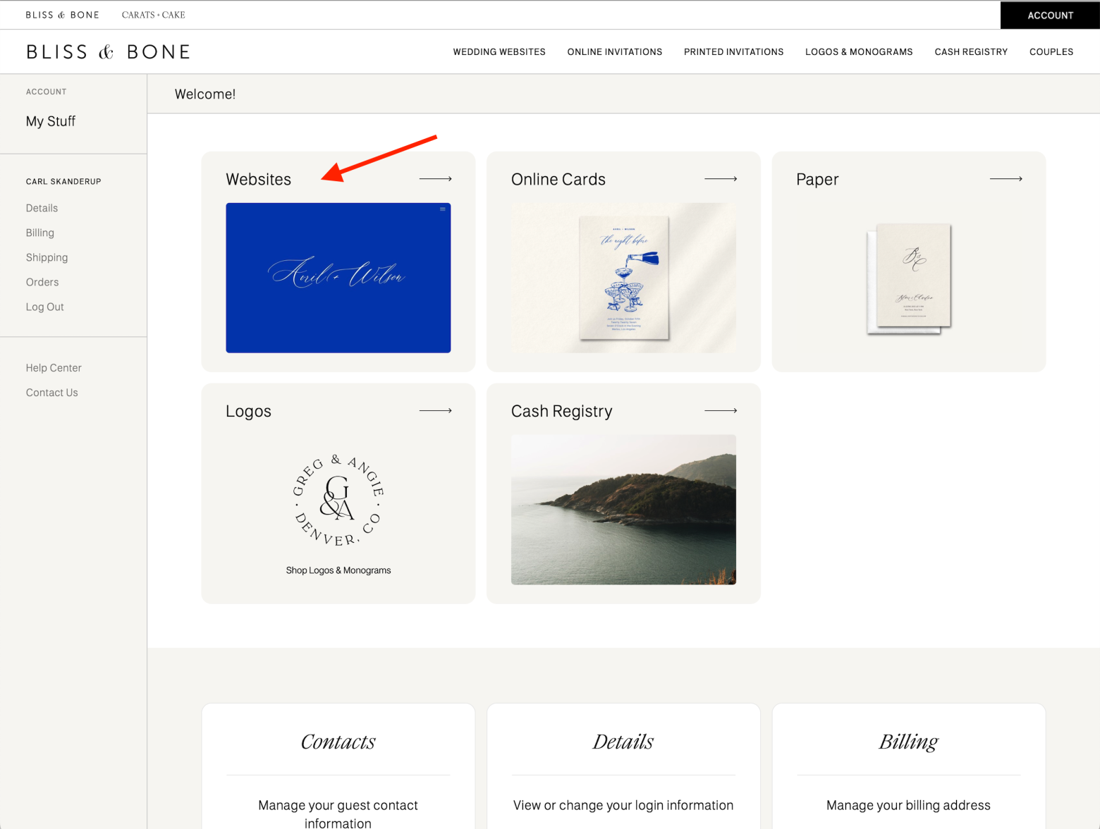 wedding website account