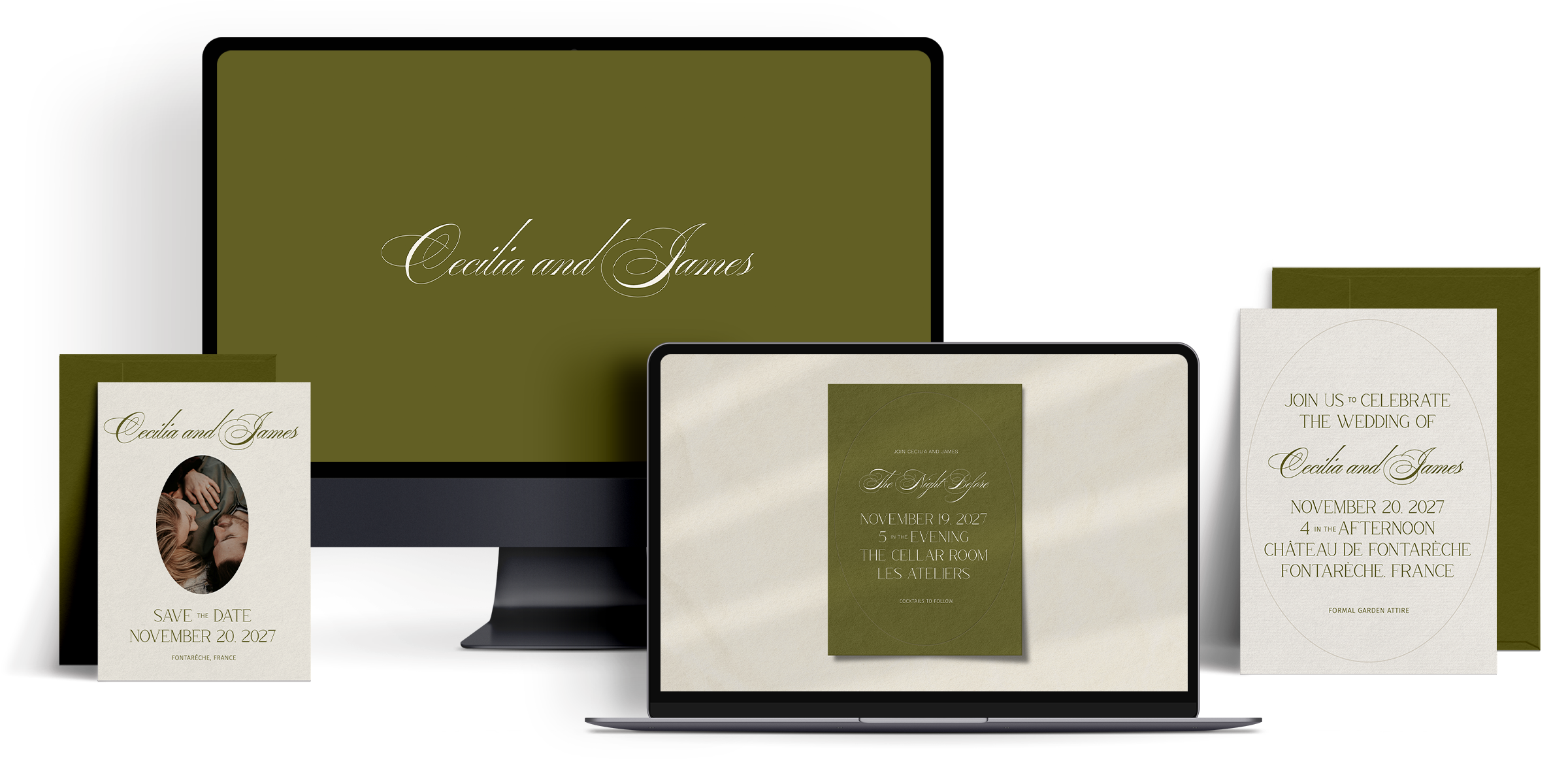 A monitor and laptop screen showing a dark green wedding website and online invitation designs, plus coordinating printed invites