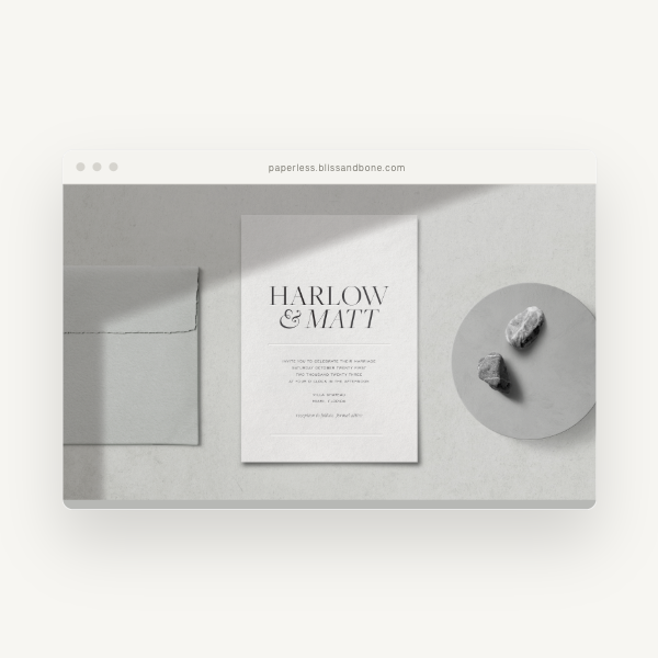     Minimalist online wedding invitation displayed in a browser mockup with neutral stationery and modern typography.