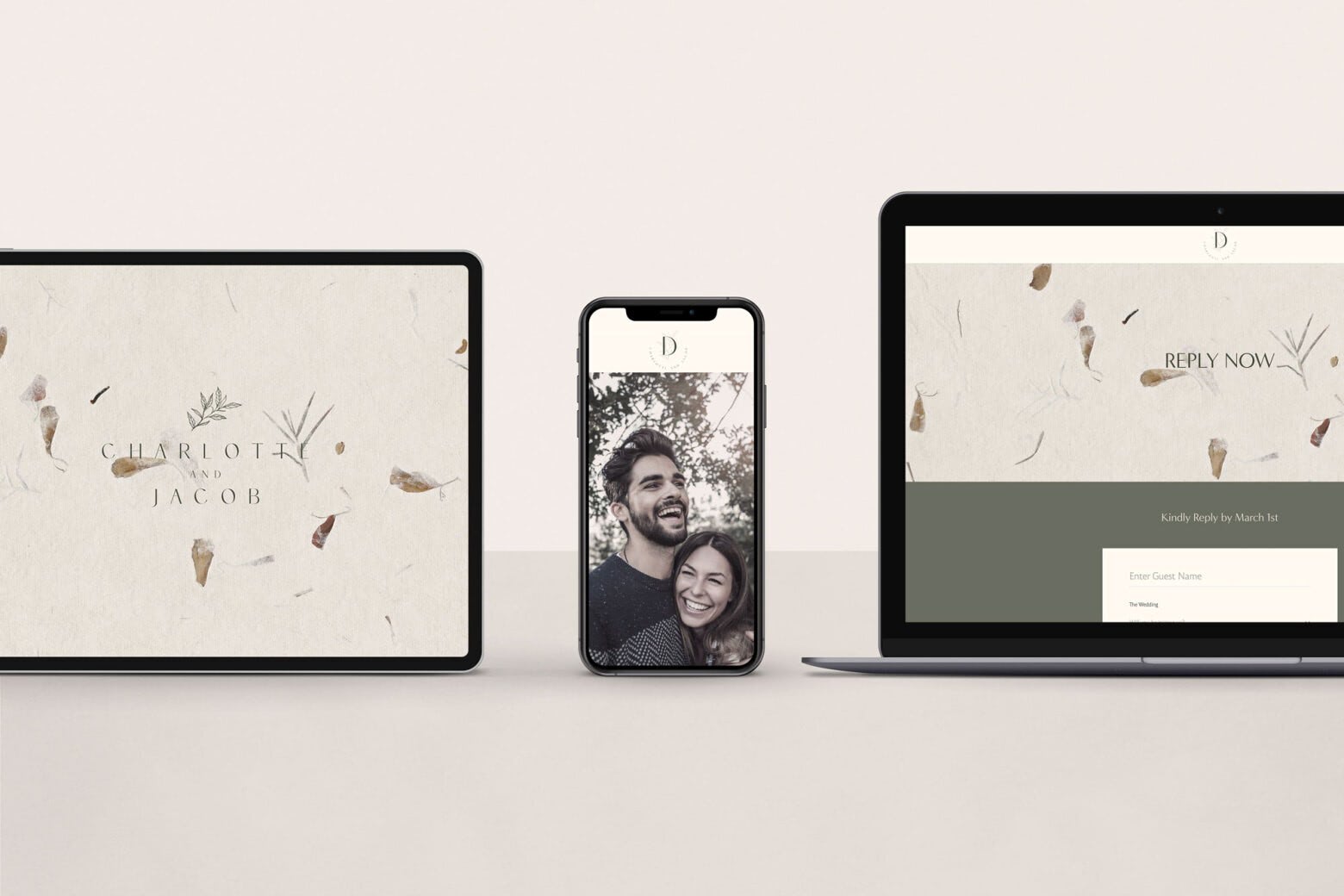 An iPad, iPhone and laptop screen displaying a botanical inspired wedding website and online RSVP form