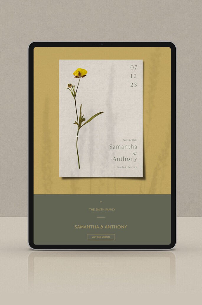 An iPad screen displaying a white, green and yellow virtual Save the Date with a long-stemmed yellow flower on it