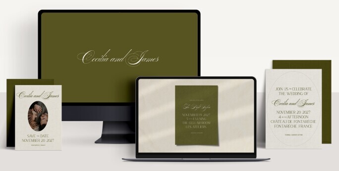Elegant olive green and ivory wedding invitation suite with matching save the date, website, and rehearsal dinner details displayed on desktop and laptop screens.